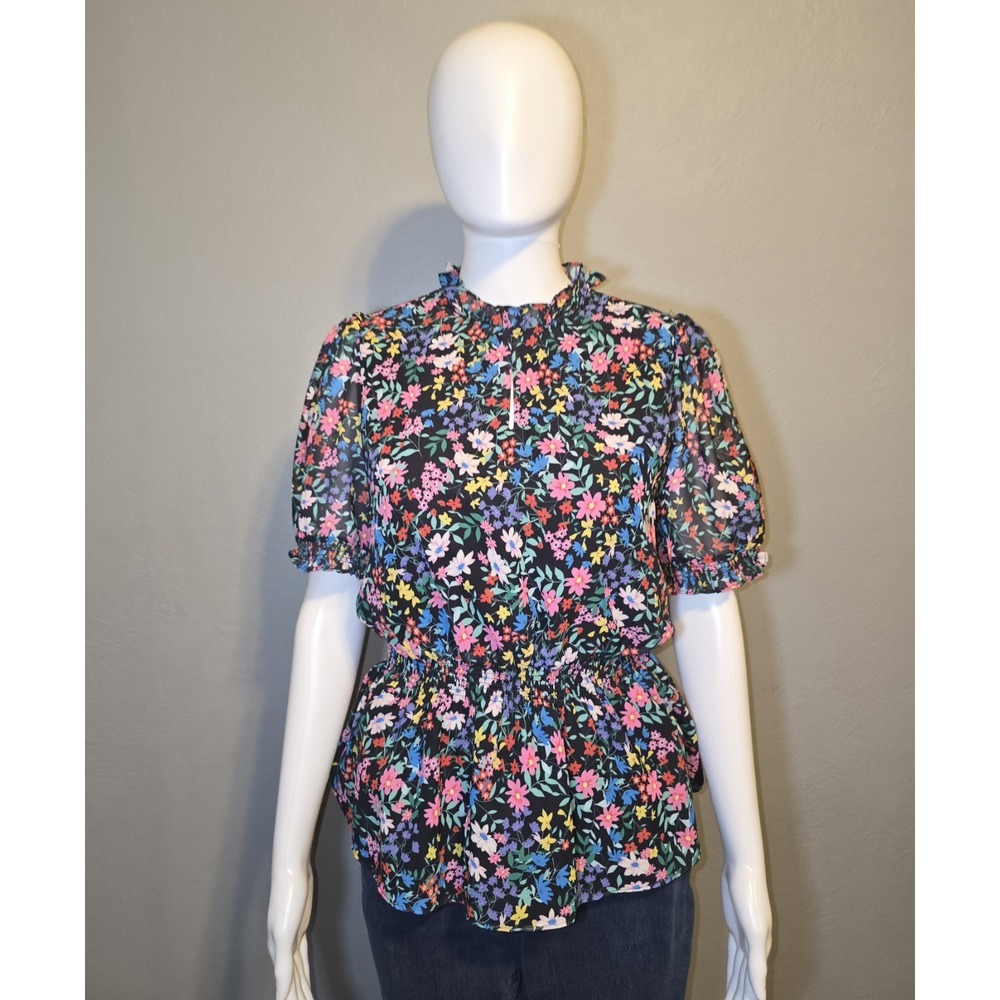 Catherine Malandrino Floral Smocked Waist Blouse Spring Colorful Cottagecore SzS
